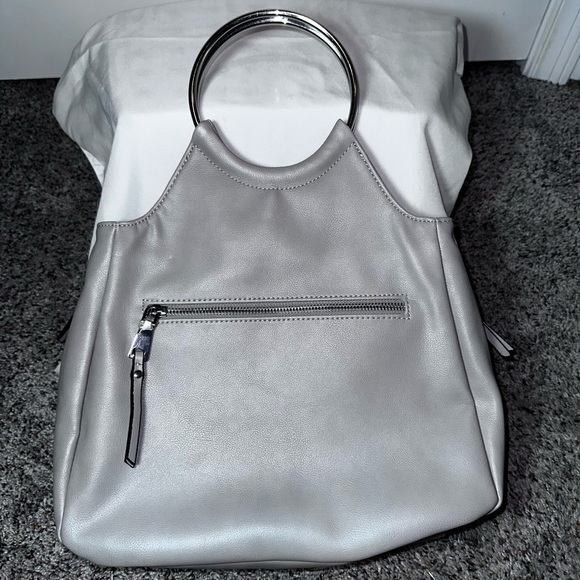 Gray Ring Handle Woven Panel Tote Handbag Faux Leather Modern Minimalist - Picture 2 of 13